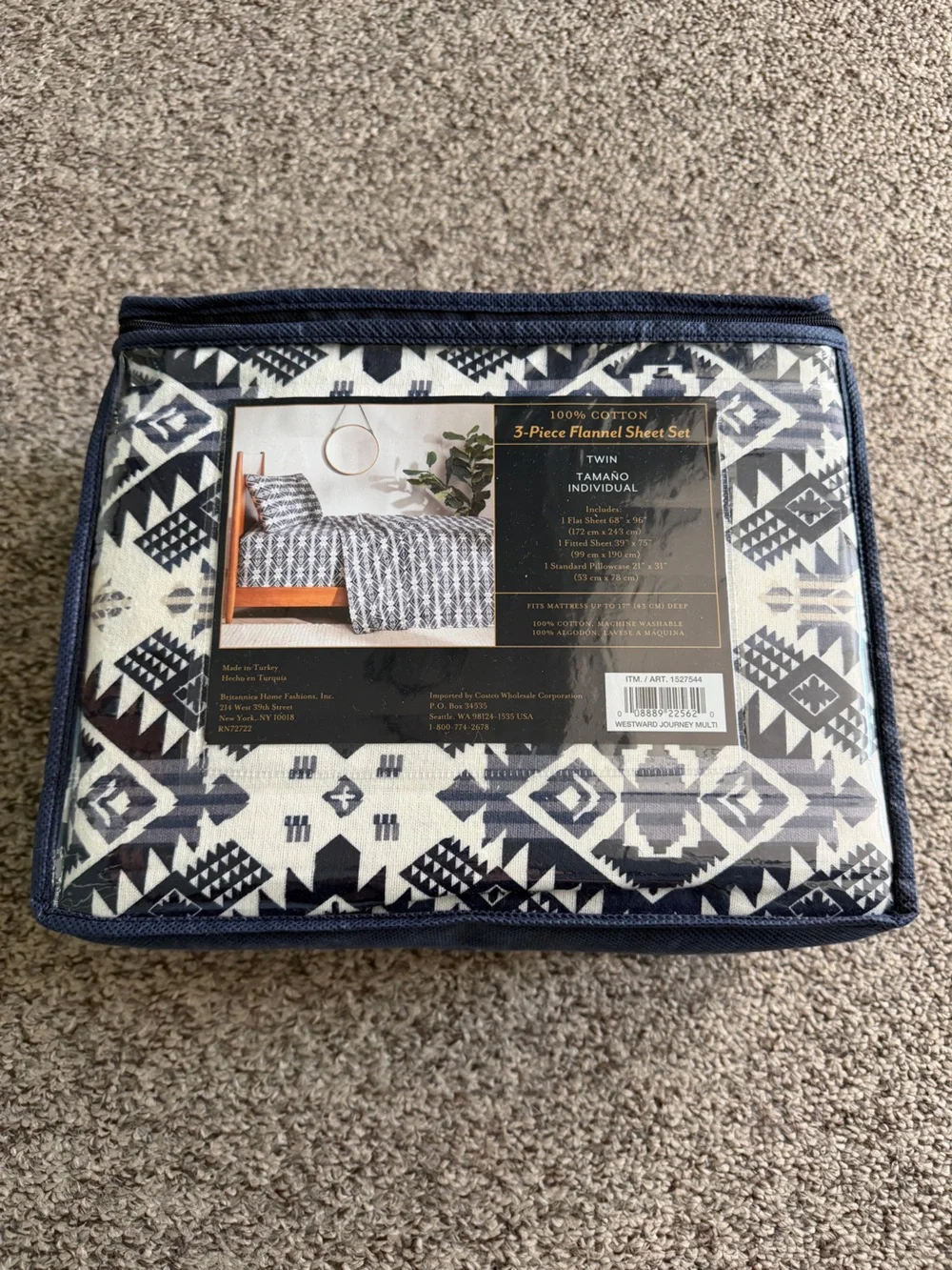 NWT Pendleton Westward 100% Cotton Navy Geometric Flannel Twin Sheet Set
